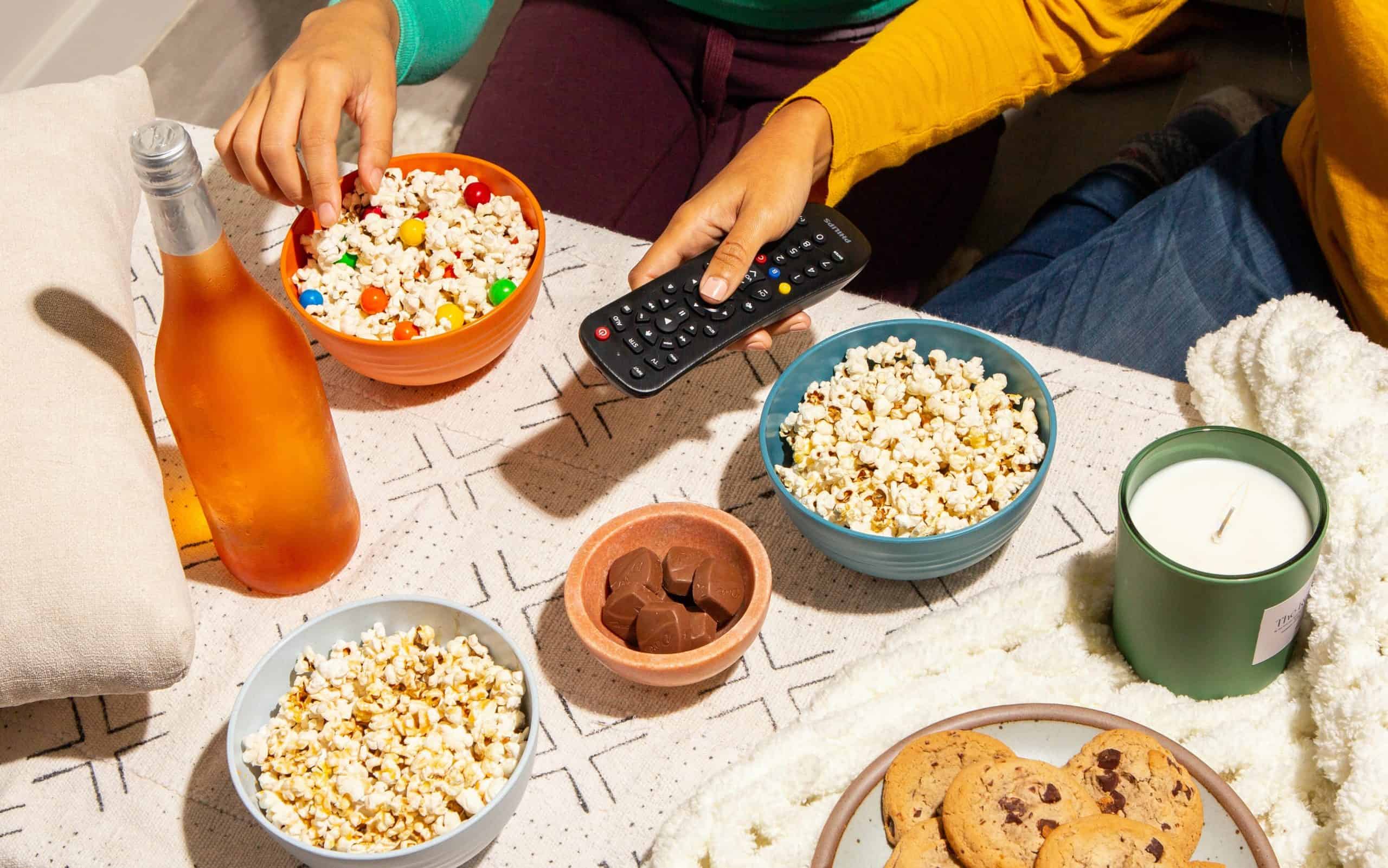 Movie night with popcorn and snacks